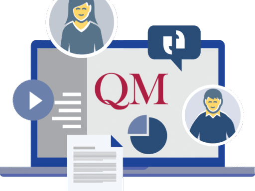 open laptop with QM on screen and icons of talking and figures