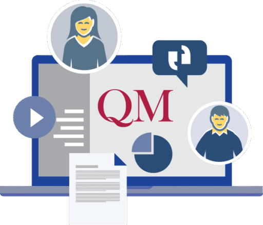 open laptop with QM on screen and icons of talking and figures
